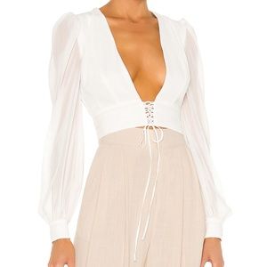 NBD Laila Top in White Open Front Lace Up Closure Blouson Sleeves Pleated Sz S
